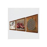 Pinecone Yaşam Çiçeği, Leonardo da Vinci At Heykeli, Nar Taş Duvar Tablosu - Ahşap Çerçeveli Taş Tablo - 25x25 cm - 3 Parça Set - Dekoratif Duvar Sanatı - Modern Ev ve Ofis Duvar Dekoru W3-1353