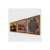 Pinecone Yaşam Çiçeği, Leonardo da Vinci Mona Lisa, Nar Taş Duvar Tablosu - Ahşap Çerçeveli Taş Tablo - 25x25 cm - 3 Parça Set - Dekoratif Duvar Sanatı - Modern Ev ve Ofis Duvar Dekoru W3-1421