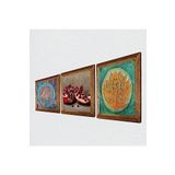 Pinecone Yaşam Çiçeği, Lotus Çiçeği, Nar Taş Duvar Tablosu - Ahşap Çerçeveli Taş Tablo - 25x25 cm - 3 Parça Set - Dekoratif Duvar Sanatı - Modern Ev ve Ofis Duvar Dekoru W3-1668