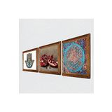 Pinecone Yaşam Çiçeği, Nar, Fatma Ana Eli (Hamsa) Taş Duvar Tablosu - Ahşap Çerçeveli Taş Tablo - 25x25 cm - 3 Parça Set - Dekoratif Duvar Sanatı - Modern Ev ve Ofis Duvar Dekoru W3-314