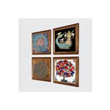 Pinecone Yaşam Çiçeği, Şahmeran, Nar Ağacı Taş Duvar Tablosu - Ahşap Çerçeveli Taş Tablo - 25x25 cm - 4 Parça Set - Dekoratif Duvar Sanatı - Modern Ev ve Ofis Duvar Dekoru W4-441