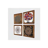 Pinecone Yaşam Çiçeği, Sri Yantra, Nar Ağacı Taş Duvar Tablosu - Ahşap Çerçeveli Taş Tablo - 25x25 cm - 4 Parça Set - Dekoratif Duvar Sanatı - Modern Ev ve Ofis Duvar Dekoru W4-1017