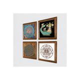 Pinecone Yaşam Çiçeği, Sri Yantra, Şahmeran Taş Duvar Tablosu - Ahşap Çerçeveli Taş Tablo - 25x25 cm - 4 Parça Set - Dekoratif Duvar Sanatı - Modern Ev ve Ofis Duvar Dekoru W4-471