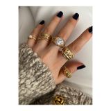 Pinery Jewels İri Taşlı Altın Kaplama Çoklu Yüzük Seti