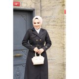 PİNK FLY Mevsimlik Premium Kruvaze Yaka Astarlı Uzun Kadın Tesettür Trençkot Siyah