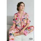 Pink Leopard Kadın Saten Pijama Takımı Leopar Desenli Kısa Kollu Pembe