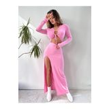 pink life Pembe Uzun Kollu Göğüs Dekolteli Maksi Elbise