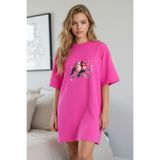 Pink Sky Elbisee Kadın Yeşil Oversize Tişört Elbise – Sevimli Kuşlar ve Çiçek Baskılı