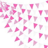 pinkblume 32ft Sıcak Pembe Parti Süslemeleri Pembe Manda Ekose Damalı Beyaz Üçgen Bayrak Pötikareli Flama Kumaş Düğün Doğum Günü Bebek Duş Yıldönümü Barbie Partisi Piknik Bahçe Dekoru için Garland Flamalar