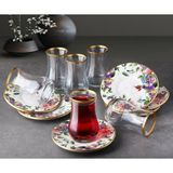 Pinkev 6 Kişilik Seramik Tabaklı Çay Bardağı Seti Flora