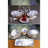 Pinkev Butterfly 27 Parça 6 Kişilik Seramik Kahvaltılık Takımı Mavi Çiçek Desenli Set
