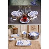 Pinkev Butterfly 27 Parça 6 Kişilik Seramik Kahvaltılık Takımı Mavi Çiçek Desenli Set