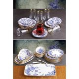 Pinkev Butterfly 27 Parça Seramik Kahvaltı Takımı 6 Kişilik Mavi Renkli Çiçek Desenli Set