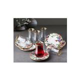 Pinkev Flora 6 Kişilik Seramik Tabaklı Çay Bardağı Takımı Seti