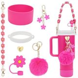 PINKPIN Stanley Kupası için 7 Parça Su Şişesi Bardak Aksesuar Seti, 40oz ve 30oz Bardak, Su Şişesi Kolu Kayışı, Silikon Bardak Çizmesi, Silikon Hasır Kapak, Anahtarlık Tılsımları (Gül Kırmızısı)