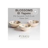 PINKU Ceramics Blossoms El Yapımı 3'lü Kase - Mavi 13x5.5 Cm Seramik Kase Tatlı,reçel, Zeytin, Peynir Ve Çerez Için