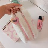 Pinkue Double Softy Kalemlik/ Iki Fermuarlı/ Çift Bölmeli/ Makyaj Çantası/ Peluş/ Tüylü - Beyaz