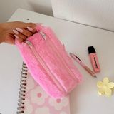 Pinkue Double Softy Kalemlik/ Iki Fermuarlı/ Çift Bölmeli/ Makyaj Çantası/ Peluş/ Tüylü - Şeker Pembesi