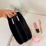 Pinkue Double Softy Kalemlik/ Iki Fermuarlı/ Çift Bölmeli/ Makyaj Çantası/ Peluş/ Tüylü - Siyah