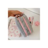 PİNKUE Grey Plush Double Zipper Pencil Case – Gri Peluş Çift Fermuarlı Kalemlik