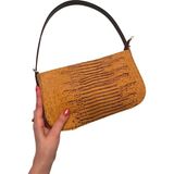 Pinkylola Design Ikon Model Hardal Renk Baskılı Karma Deri baget stil Kahverengi Askı Detaylı Omuz Çantası