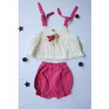 Pio Kids %100 PAMUK ORGANİK KRİNKIL KENDİNDEN İP ASKILI BROŞLU ŞORTLU LASTİK PAÇALI 2Lİ KIZ BEBEK TAKIM
