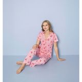 Pıove Kadın Çizgili Kiraz Desenli Pijama Takımı – Düğmeli Üst Pantolon Rahat Ev Giyim Seti