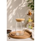 Pipetli Cam Bardak Bambu Kapaklı | Soğuk Kahve, Bubble Tea, Limonata, Smoothie ve Soda Bardağı 540 ml