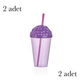 Pipetli Plastik Meşrubat Bardağı, 450 ml, Mor 2'li Set Qlux Bpa İçermez Soğuk Sıcak İçecek