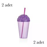 Pipetli Plastik Meşrubat Bardağı, 450 ml, Mor 2'li Set Qlux Bpa İçermez Soğuk Sıcak İçecek