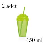 Pipetli Plastik Meşrubat Bardağı, 450 ml, Yeşil, 2'li Set Qlux Bpa İçermez Soğuk Sıcak İçecek