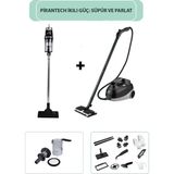 Pirantech CB-107C Çok Fonksiyonlu Buharlı Temizlik Makinası / EK200 Torbasız Kablolu Dikey Süpürge - Siyah