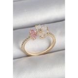 Pirinç Gold Renk Beyaz Mineli Pembe Zirkon Taşlı Çiçek Model Kadın Yüzük - 0 - Siyah