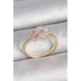 Pirinç Gold Renk Beyaz Mineli Pembe Zirkon Taşlı Çiçek Model Kadın Yüzük -1492