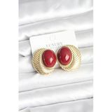 Pirinç Gold Renk Bordo Boncuklu Oval Vintage Kadın Küpe 5886