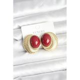 Pirinç Gold Renk Bordo Boncuklu Oval Vintage Kadın Küpe - Lisinya
