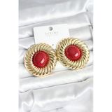 Pirinç Gold Renk Bordo Boncuklu Vintage Kadın Küpe -1492