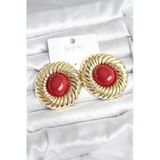 Pirinç Gold Renk Bordo Boncuklu Vintage Kadın Küpe - Lisinya