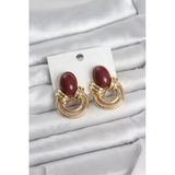 Pirinç Gold Renk Bordo Taşlı Kadın Küpe - Tj-Bkp11679