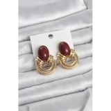 Pirinç Gold Renk Bordo Taşlı Vintage Kadın Küpe 5886