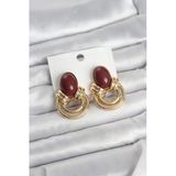Pirinç Gold Renk Bordo Taşlı Vintage Kadın Küpe - Ebj260220w39830