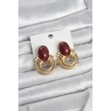 Pirinç Gold Renk Bordo Taşlı Vintage Kadın Küpe - Lisinya