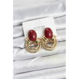 Pirinç Gold Renk Bordo Taşlı Vintage Kadın Küpe - Tj-Bkp11356