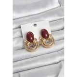 Pirinç Gold Renk Bordo Taşlı Vintage Kadın Küpe (Vice/1395)