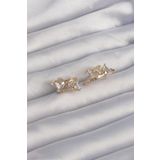 Pirinç Gold Renk İri Zirkon Taşlı Kıvrımlı Minimal Kelebekli Halka Küpe - Tj-Bkp9289
