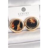 Pirinç Gold Renk Leopar Desen Daire Model Kadın Küpe