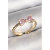 Pirinç Gold Renk Pembe Zirkon Taşlı Kalp Fiyonk Model Kadın Yüzük -1492