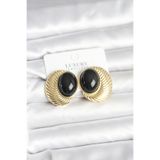 Pirinç Gold Renk Siyah Boncuklu Oval Vintage Kadın Küpe - Ebj251201w38502