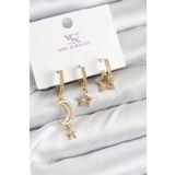 Pirinç Zirkon Taşlı Ay Ve Hilal Model Gold Renk 3'lü Kadın Küpe - Tj-Bkp10942