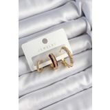 Pirinç Zirkon Taşlı Bordo Halka Model Gold Renk 3'lü Çift Kadın Küpe Set - Tj-Bkp10834